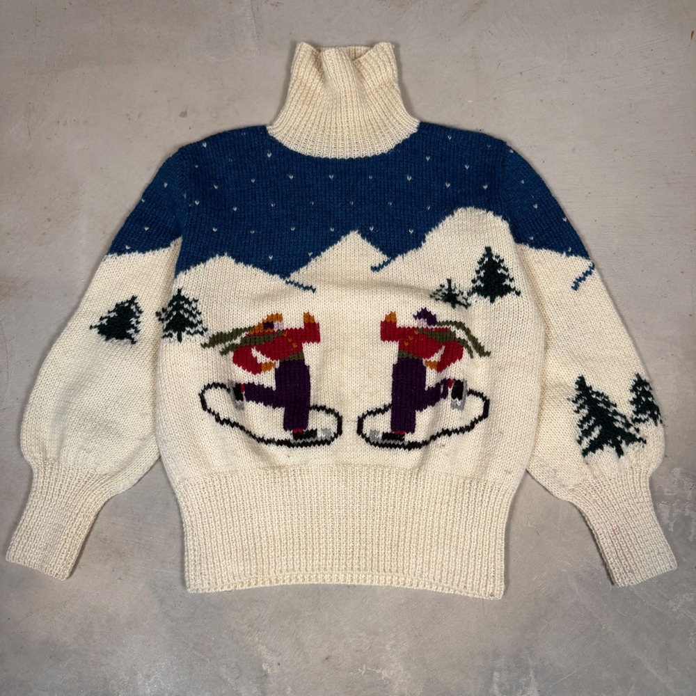 Vintage Handknit Uruguay Virgin Wool Ice Skater Turtleneck Sweater‎ Large Cream